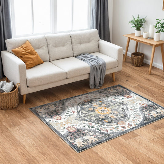 Decor Non-Slip Back Soft Runner Area Carpet Floor Area Rug Indoor Accent Decorative Mat, Elegant Grey Cream Lily Floral