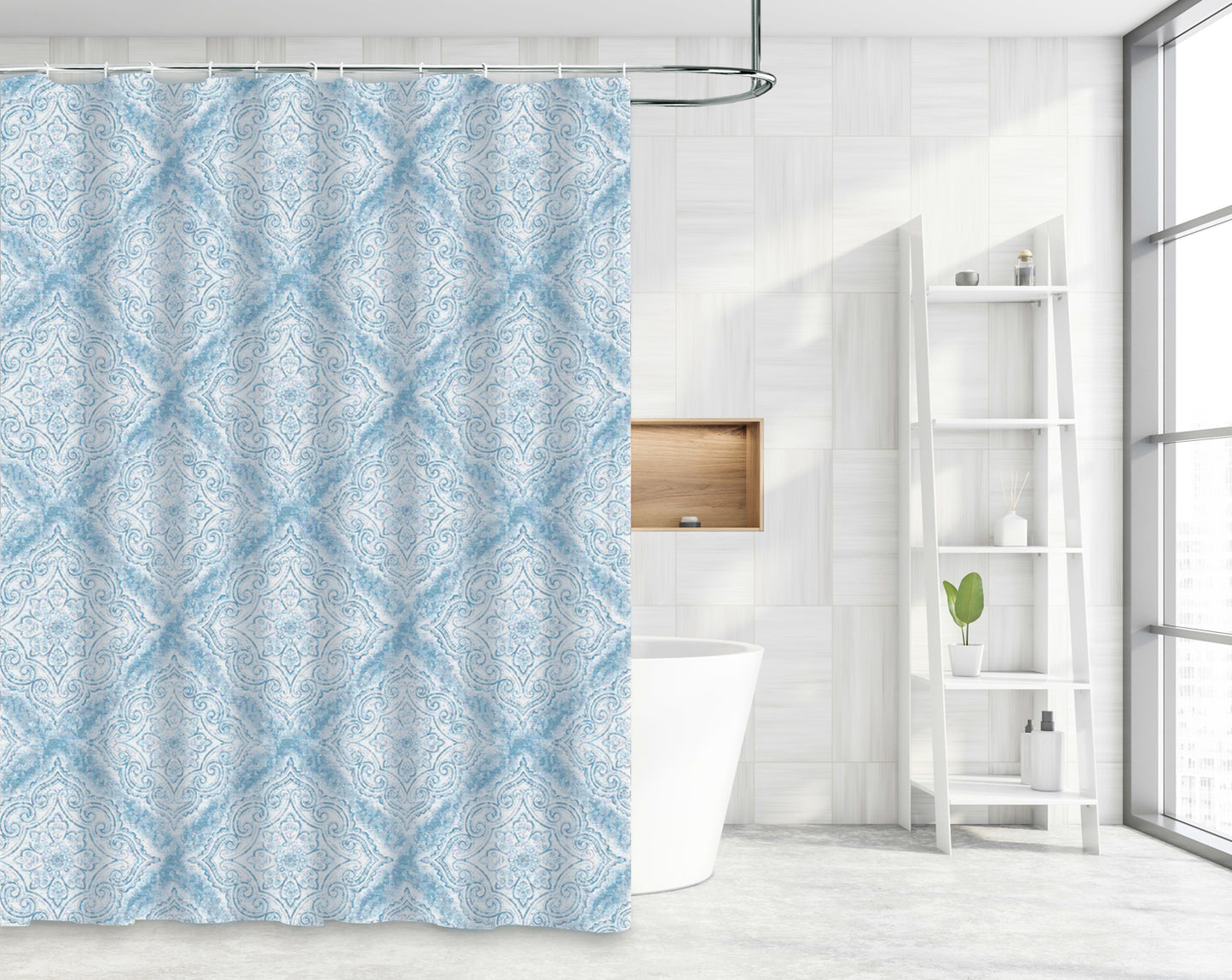 Waterproof Decor Printed Shower Curtain with Roller Hooks, Teal Damask Pattern