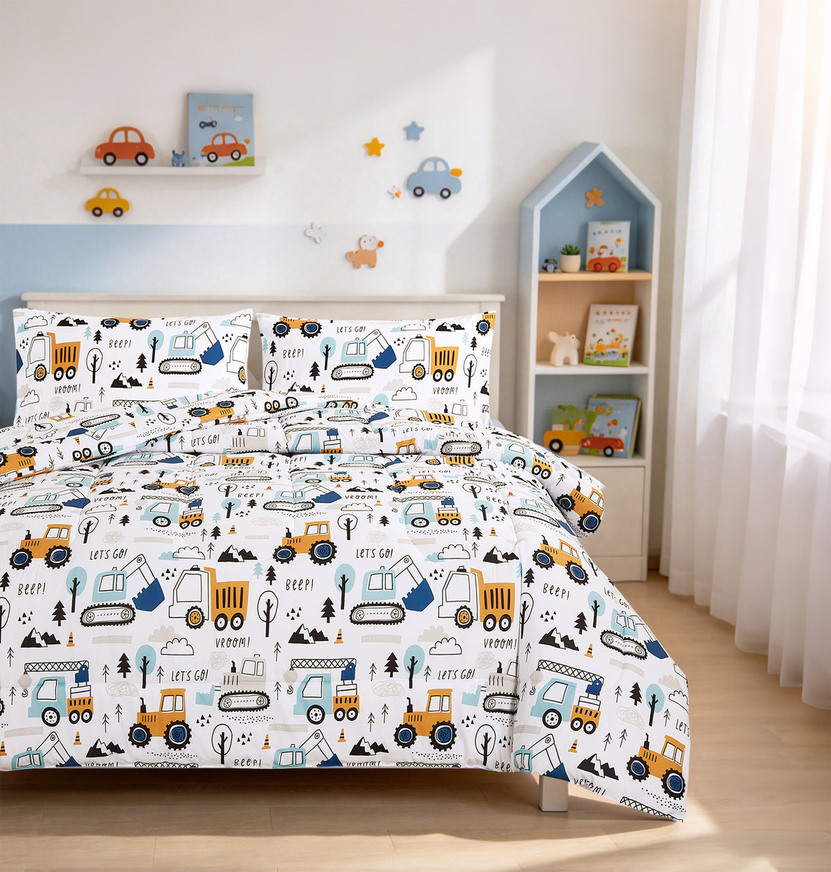 Home Decor Soft Luxury Fluffy Goose Down Alternative Bedding Kids Printed Comforter Set, Little Builder Cartoon Construction Truck Pattern