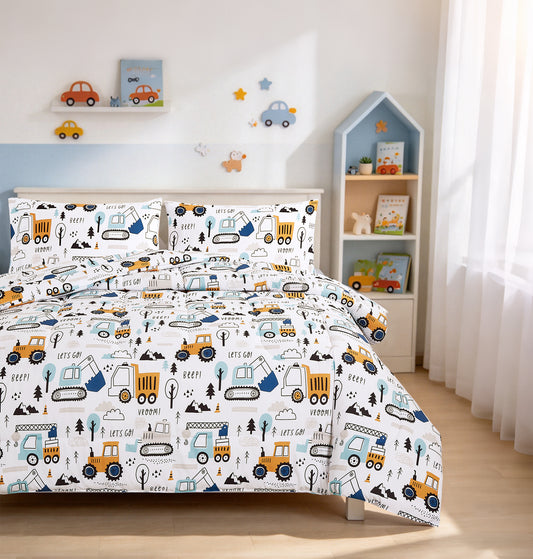 Home Decor Soft Luxury Fluffy Goose Down Alternative Bedding Kids Printed Comforter Set, Little Builder Cartoon Construction Truck Pattern