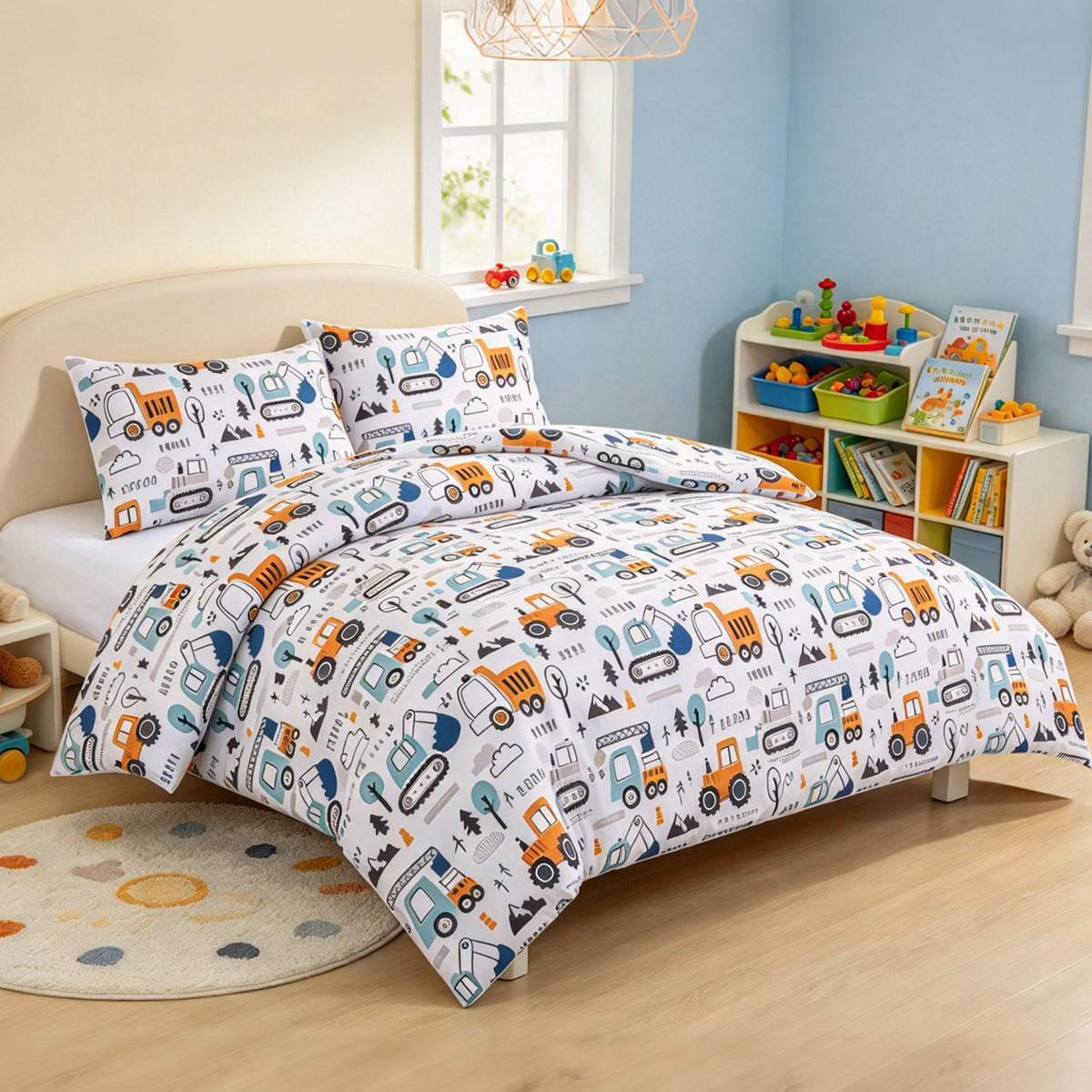 Home Decor Soft Luxury Fluffy Goose Down Alternative Bedding Kids Printed Comforter Set, Little Builder Cartoon Construction Truck Pattern