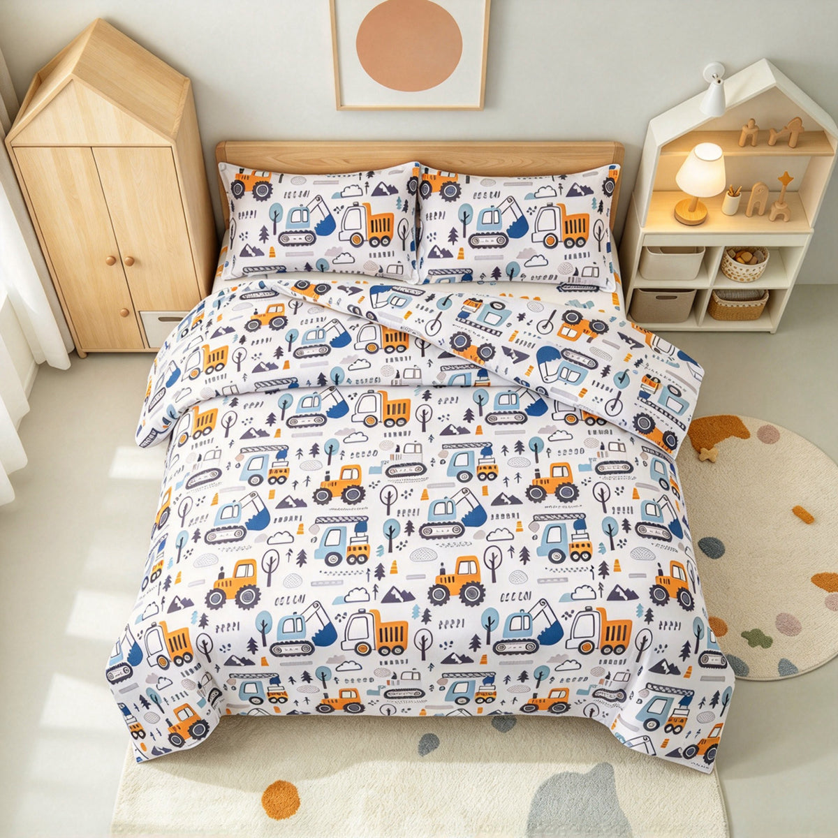 Home Decor Soft Luxury Fluffy Goose Down Alternative Bedding Kids Printed Comforter Set, Little Builder Cartoon Construction Truck Pattern