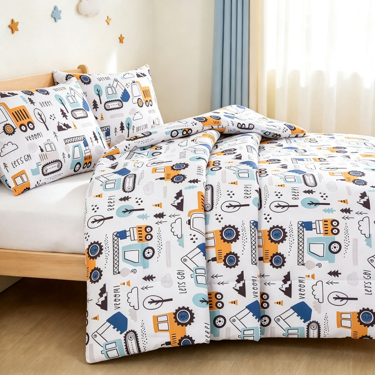 Home Decor Soft Luxury Fluffy Goose Down Alternative Bedding Kids Printed Comforter Set, Little Builder Cartoon Construction Truck Pattern