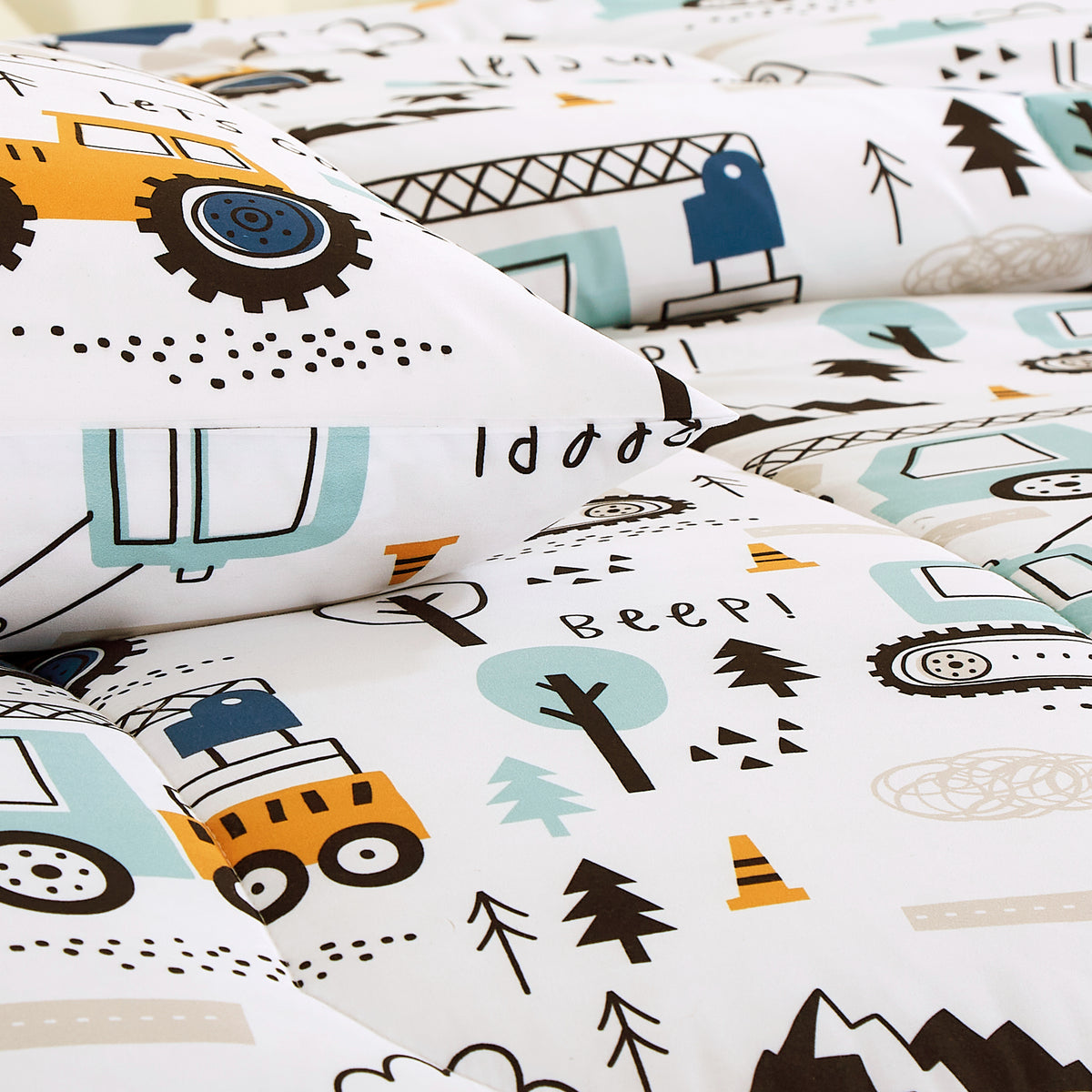 Home Decor Soft Luxury Fluffy Goose Down Alternative Bedding Kids Printed Comforter Set, Little Builder Cartoon Construction Truck Pattern