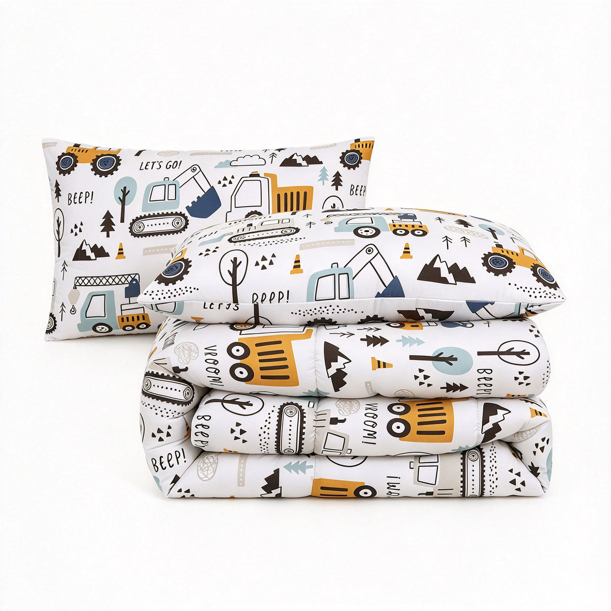 Home Decor Soft Luxury Fluffy Goose Down Alternative Bedding Kids Printed Comforter Set, Little Builder Cartoon Construction Truck Pattern