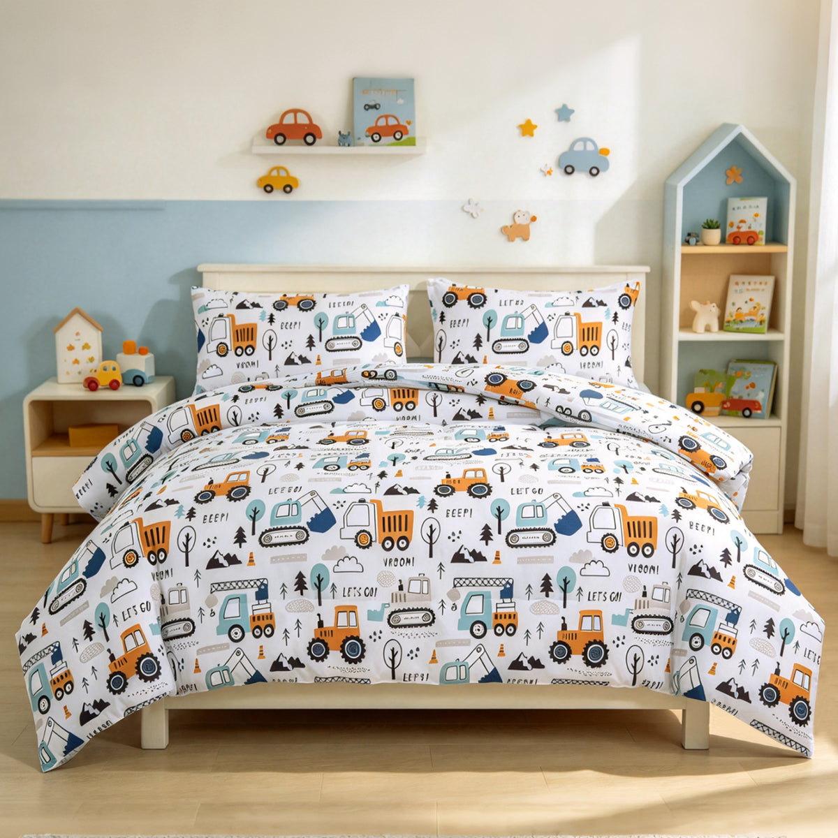 Home Decor Soft Luxury Fluffy Goose Down Alternative Bedding Kids Printed Comforter Set, Little Builder Cartoon Construction Truck Pattern