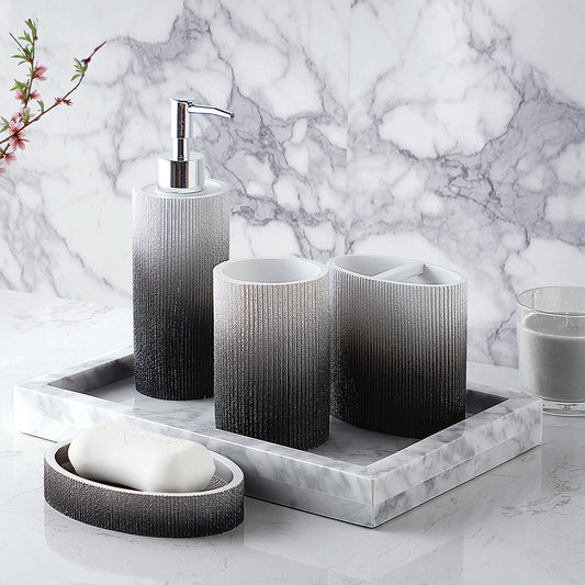 Modern Luxury Décor Bath Accessory Ensemble Bathroom Lotion Dispenser Toothbrush Holder Tumbler Soap Dish, Black White Ribbed