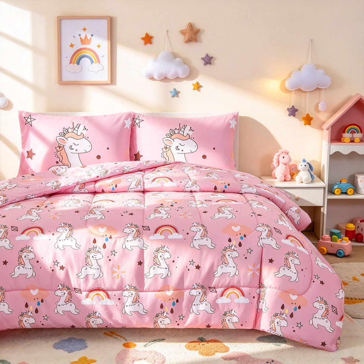 Home Decor Soft Luxury Fluffy Goose Down Alternative Bedding Kids Printed Comforter Set, Pink Cartoon Rainbow Unicorn Pattern