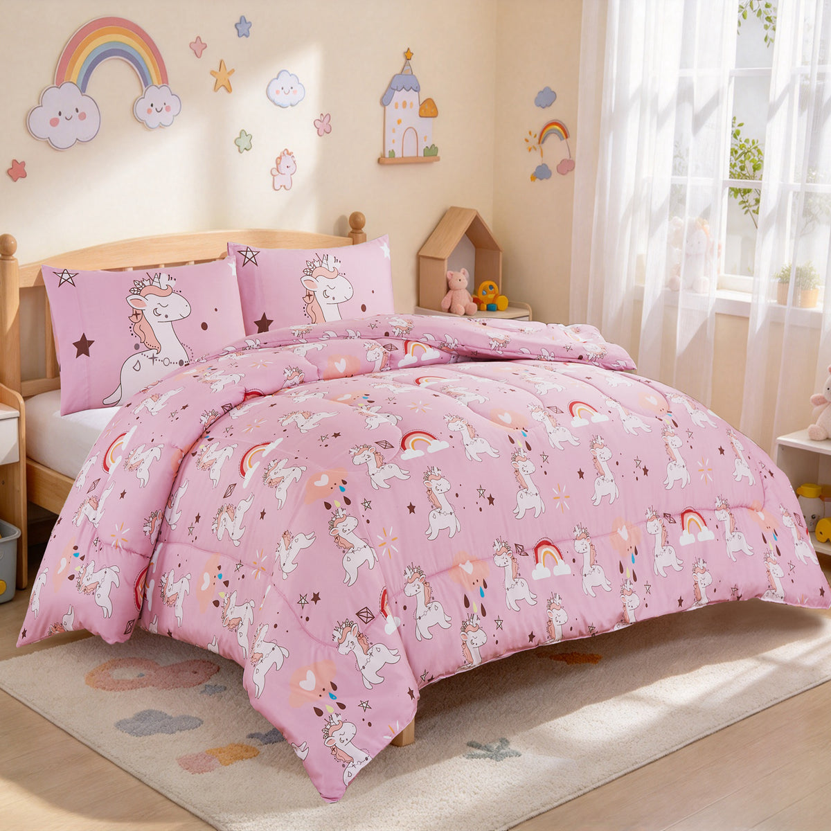 Home Decor Soft Luxury Fluffy Goose Down Alternative Bedding Kids Printed Comforter Set, Pink Cartoon Rainbow Unicorn Pattern