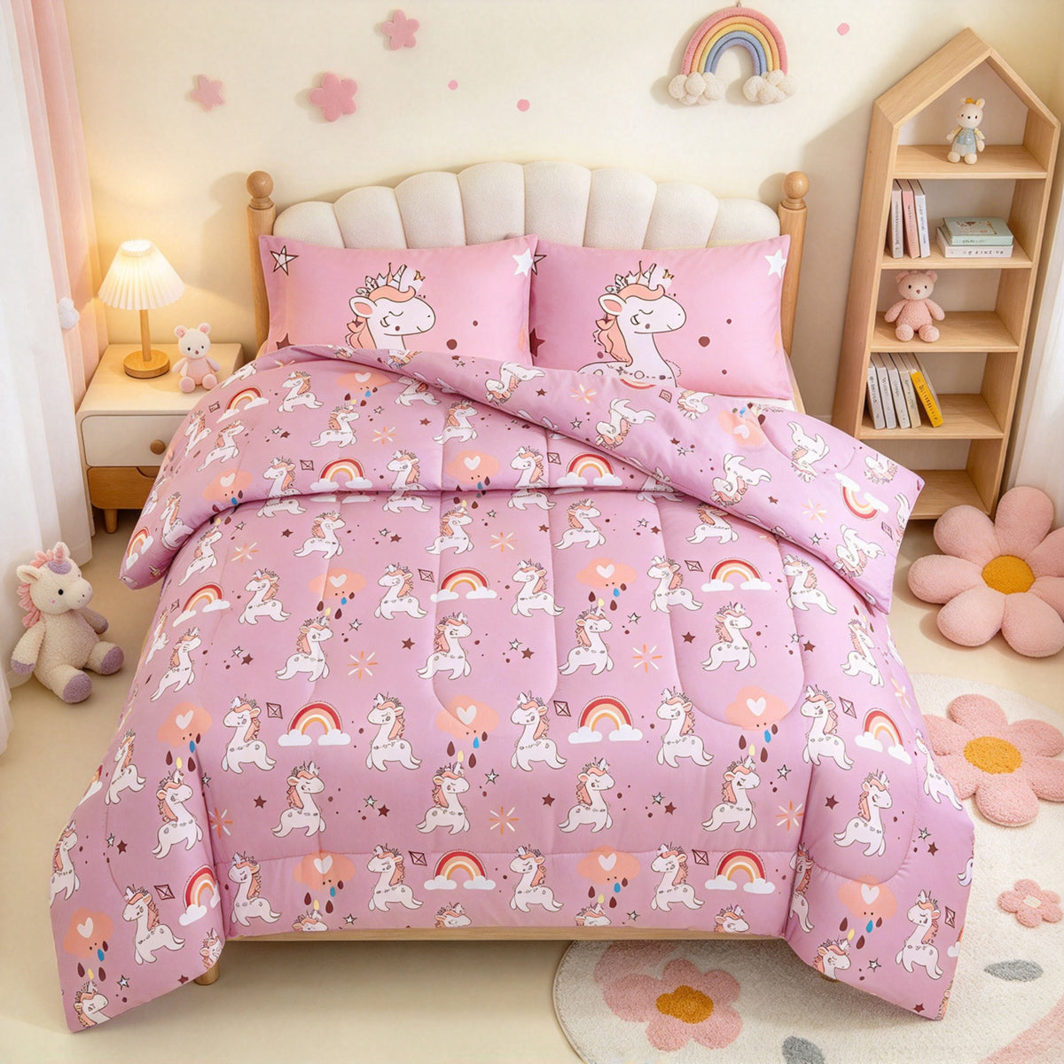 Home Decor Soft Luxury Fluffy Goose Down Alternative Bedding Kids Printed Comforter Set, Pink Cartoon Rainbow Unicorn Pattern