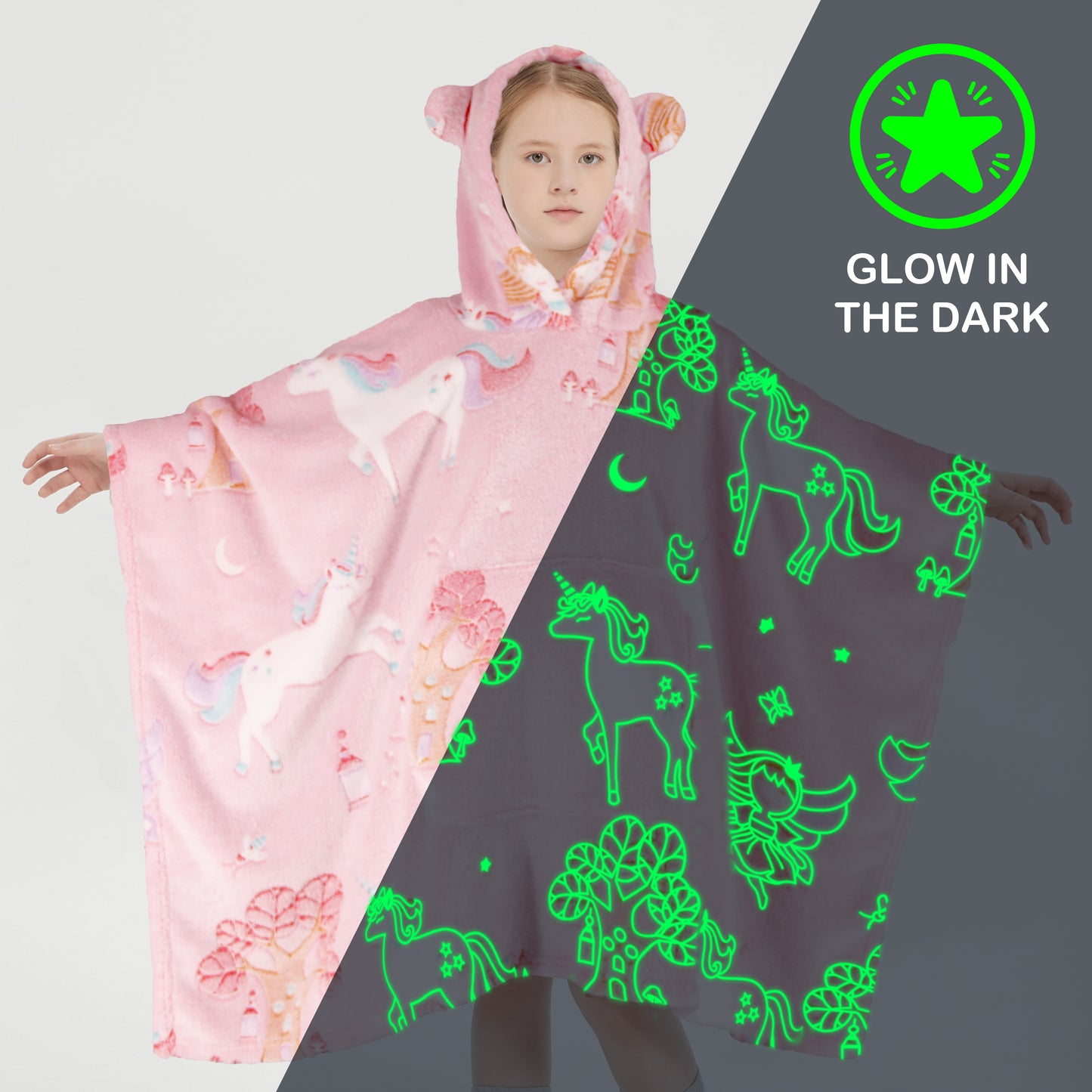 Glow in the Dark Kids Wearable Hoodie Blanket for Girls Soft Warm Flannel Fleece Hooded Sweatshirt, 110 x 75 cm Pink Unicorn