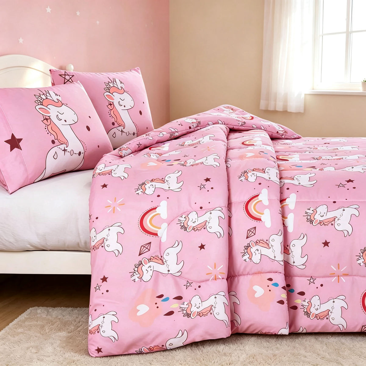 Home Decor Soft Luxury Fluffy Goose Down Alternative Bedding Kids Printed Comforter Set, Pink Cartoon Rainbow Unicorn Pattern