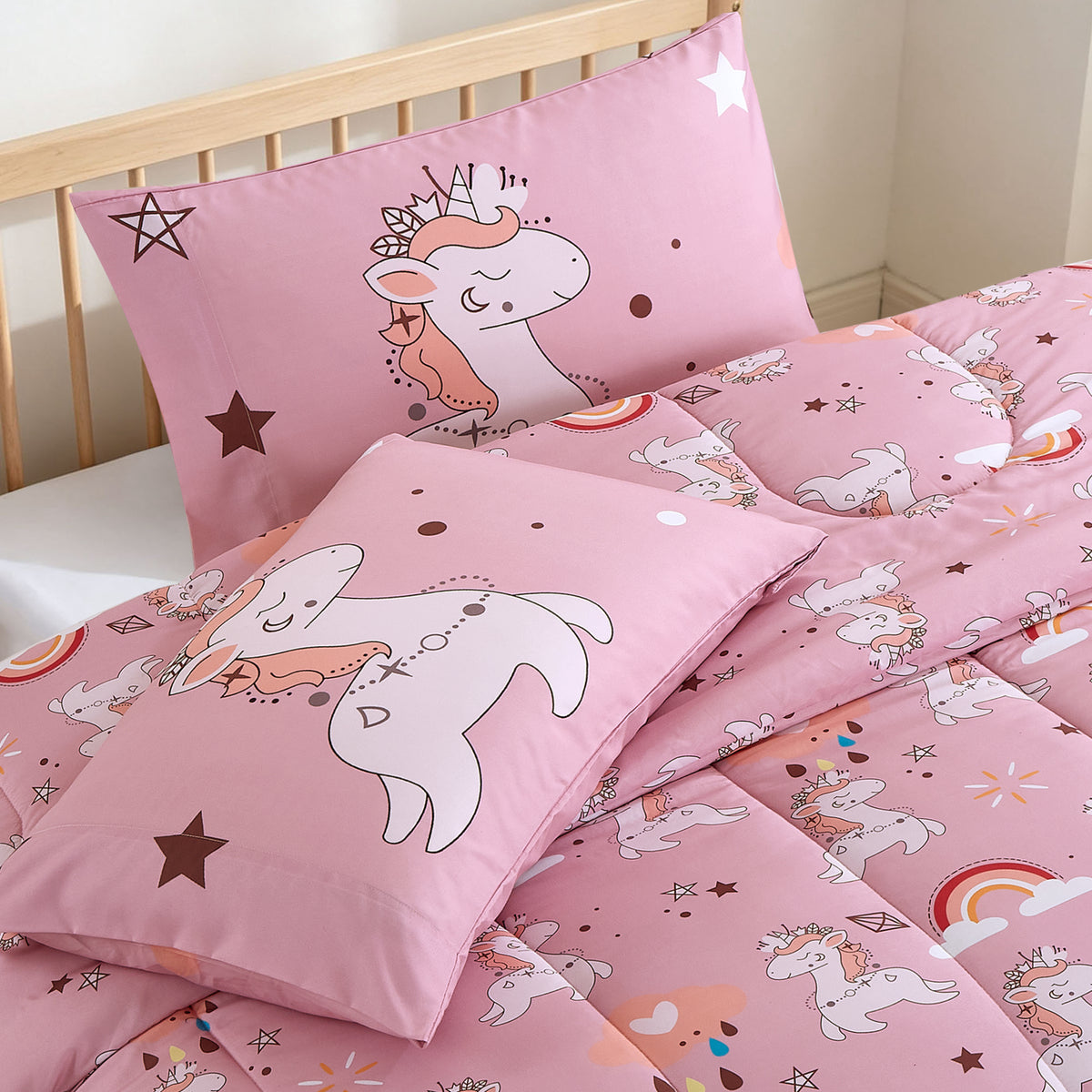 Home Decor Soft Luxury Fluffy Goose Down Alternative Bedding Kids Printed Comforter Set, Pink Cartoon Rainbow Unicorn Pattern