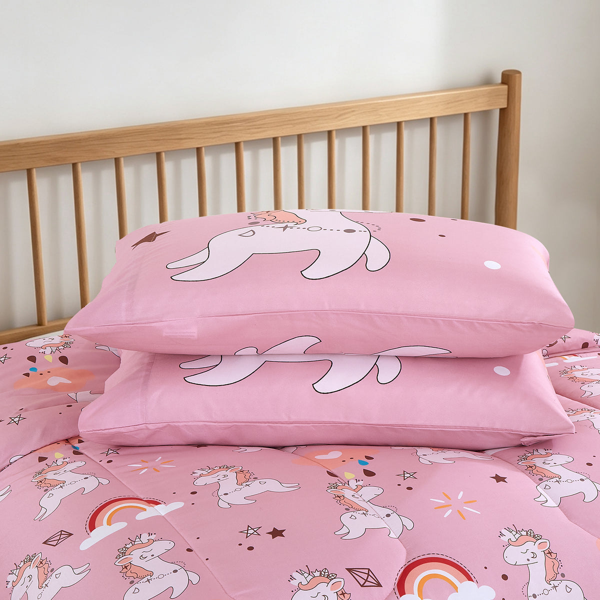 Home Decor Soft Luxury Fluffy Goose Down Alternative Bedding Kids Printed Comforter Set, Pink Cartoon Rainbow Unicorn Pattern