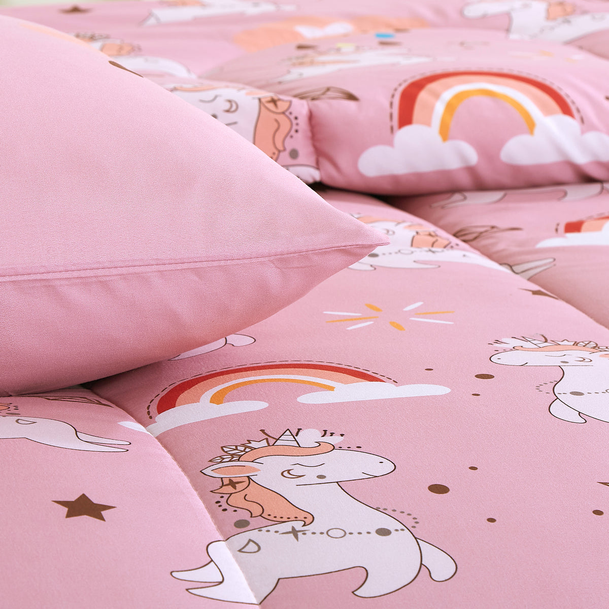 Home Decor Soft Luxury Fluffy Goose Down Alternative Bedding Kids Printed Comforter Set, Pink Cartoon Rainbow Unicorn Pattern