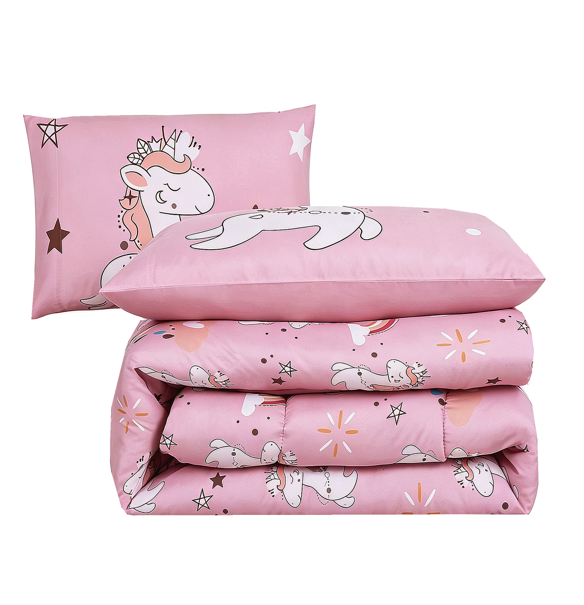 Home Decor Soft Luxury Fluffy Goose Down Alternative Bedding Kids Printed Comforter Set, Pink Cartoon Rainbow Unicorn Pattern