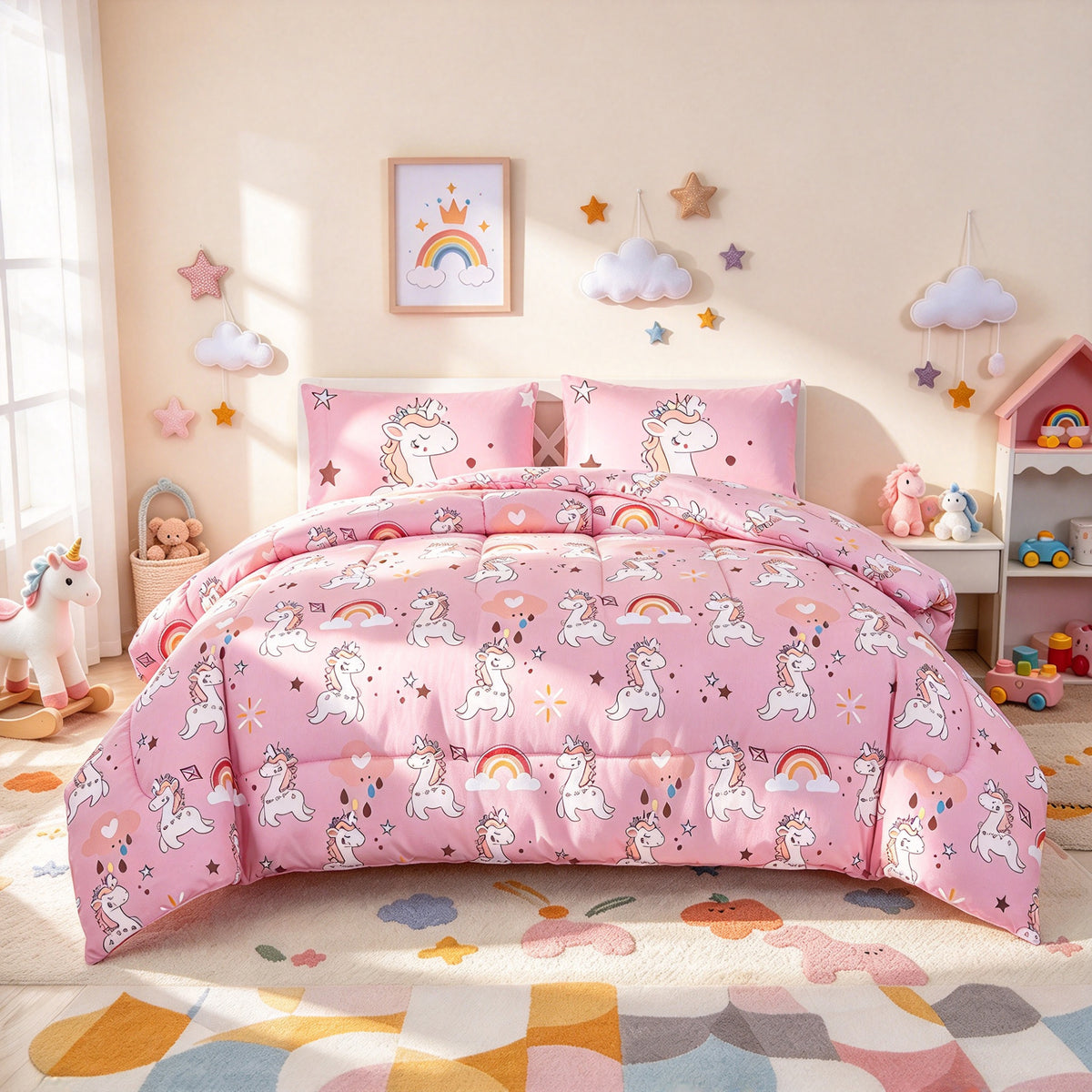Home Decor Soft Luxury Fluffy Goose Down Alternative Bedding Kids Printed Comforter Set, Pink Cartoon Rainbow Unicorn Pattern