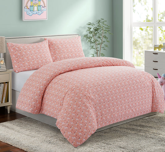 Kids Girls Printed 600 Thread Count Soft Cotton Percale Duvet Cover Fitted Sheet Ensemble Bedding Set, Pink Unicorn Rainbow Pattern