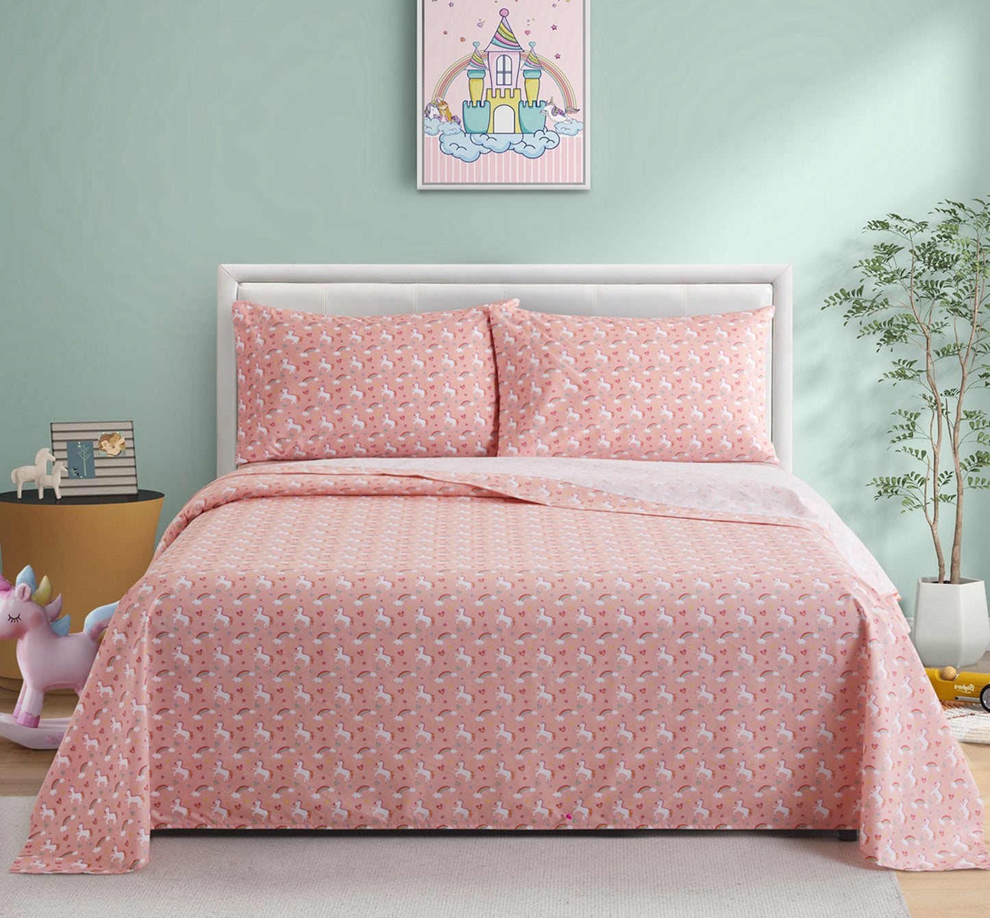 Kids Girls Toddlers Printed 600 Thread Count Soft Deep Pocket Cotton Percale All Season Bedding Sheet Set, Pink Unicorn Rainbow