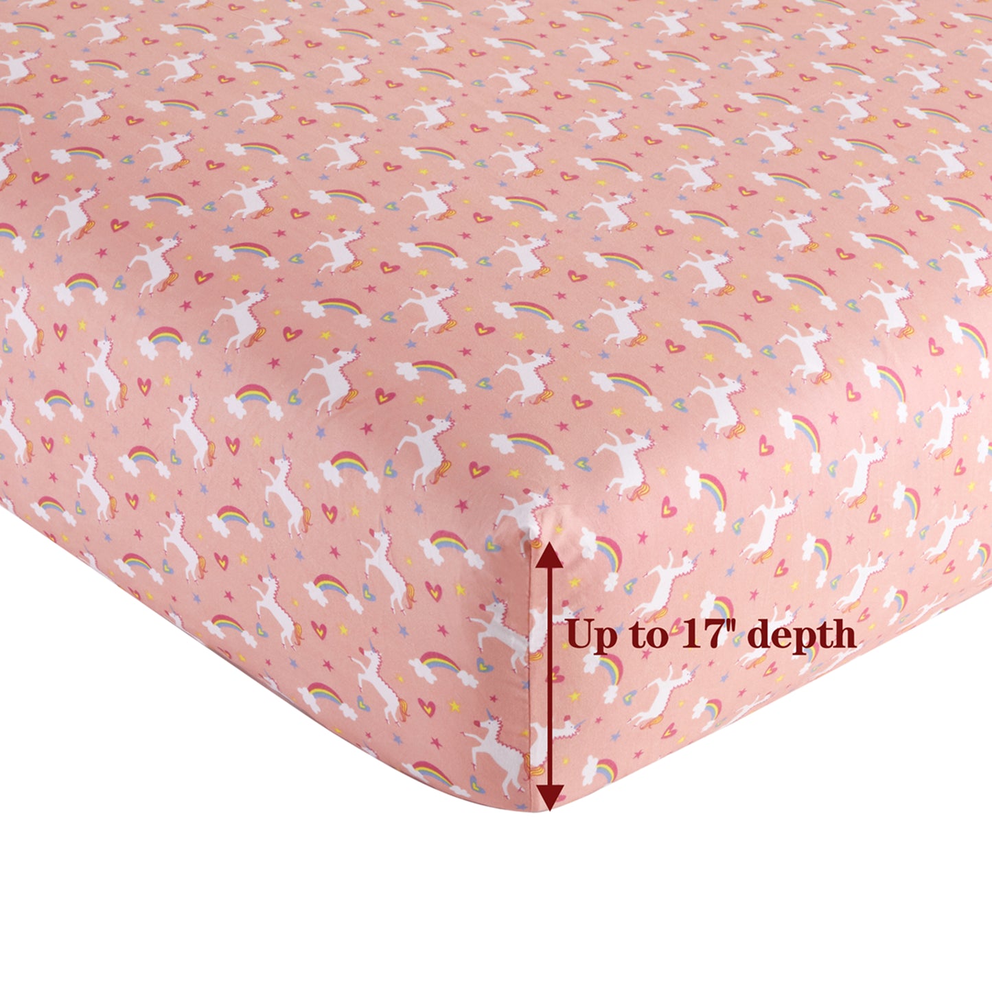Kids Girls Toddlers Printed 600 Thread Count Soft Deep Pocket Cotton Percale All Season Bedding Sheet Set, Pink Unicorn Rainbow