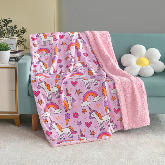 Kid Printed Fluffy Plush Soft Warm Flannel Fleece Children Throw Sherpa Kids Blanket, 40" x 50" Pink Unicorn Rainbow