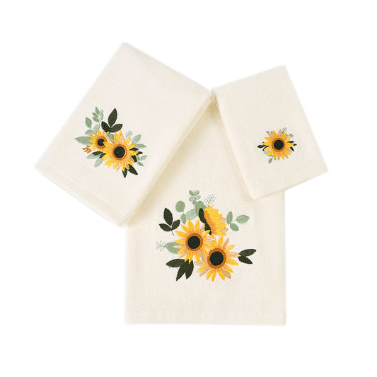 Premium Luxury Decor 100% Cotton Soft Bathroom Modern 3 Piece Embroidered Towel Set, Sunflower with Ivory Base