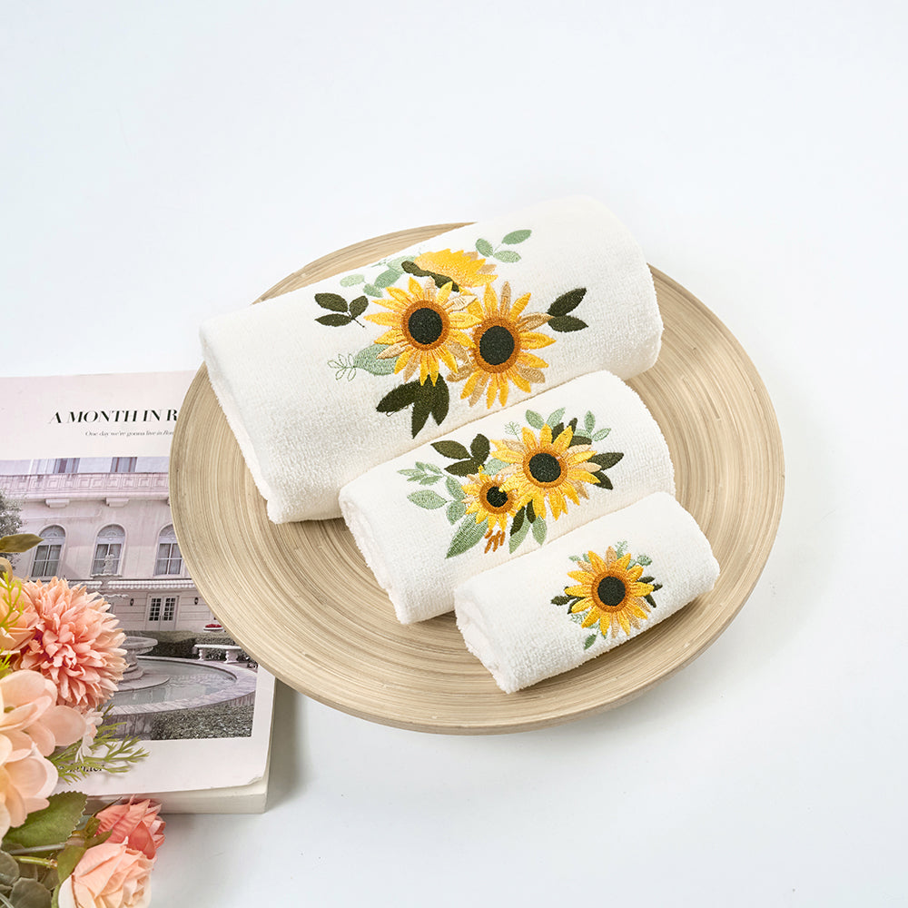Premium Luxury Decor 100% Cotton Soft Bathroom Modern 3 Piece Embroidered Towel Set, Sunflower with Ivory Base