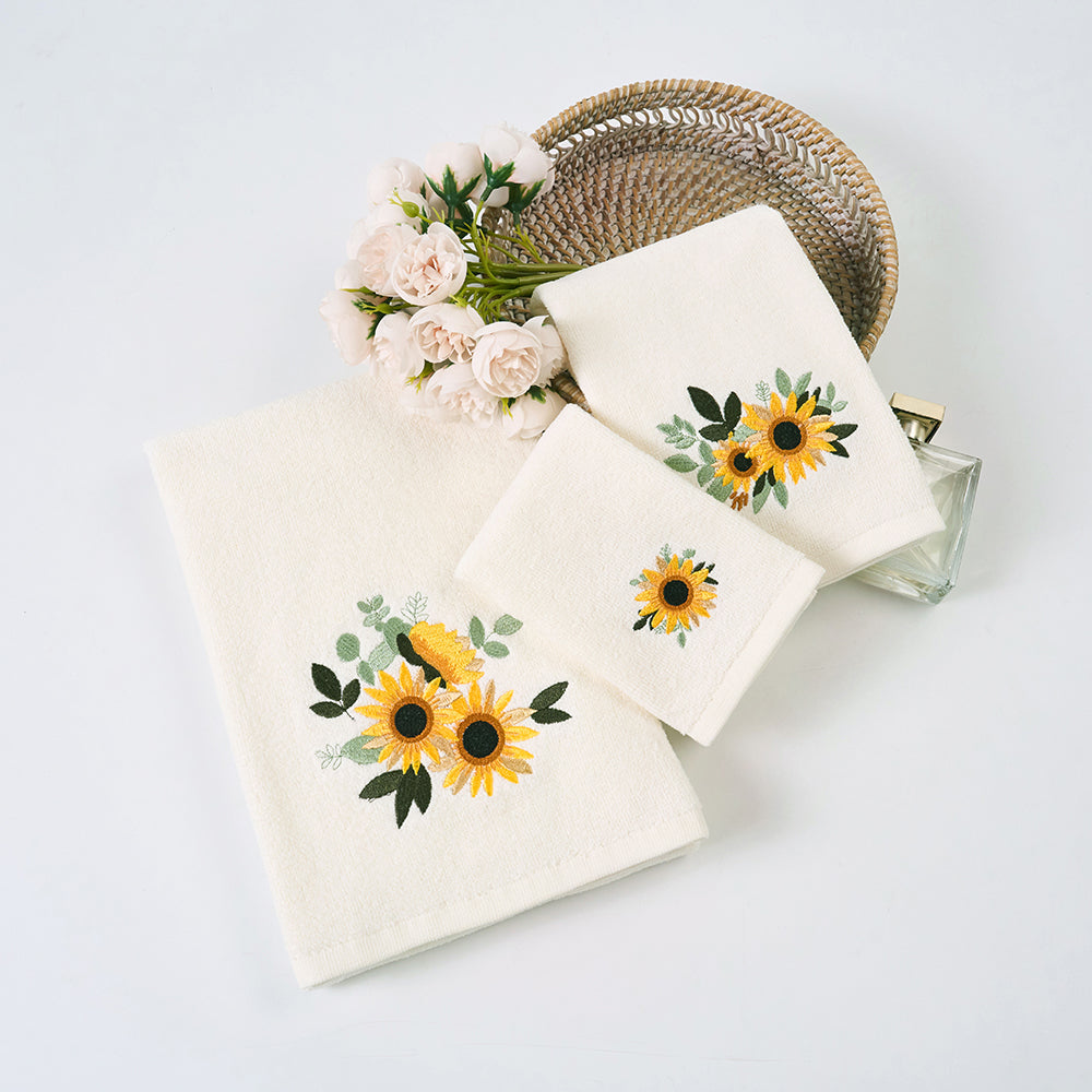 Premium Luxury Decor 100% Cotton Soft Bathroom Modern 3 Piece Embroidered Towel Set, Sunflower with Ivory Base