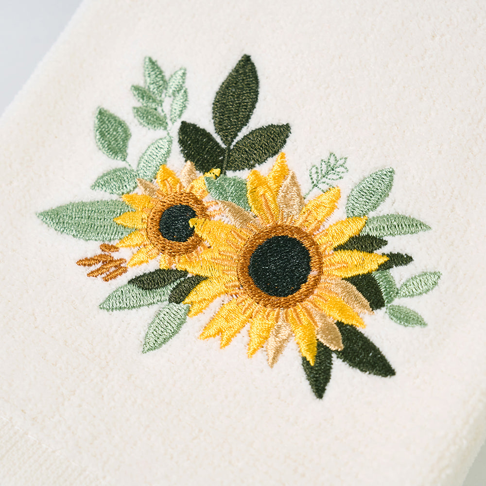 Premium Luxury Decor 100% Cotton Soft Bathroom Modern 3 Piece Embroidered Towel Set, Sunflower with Ivory Base