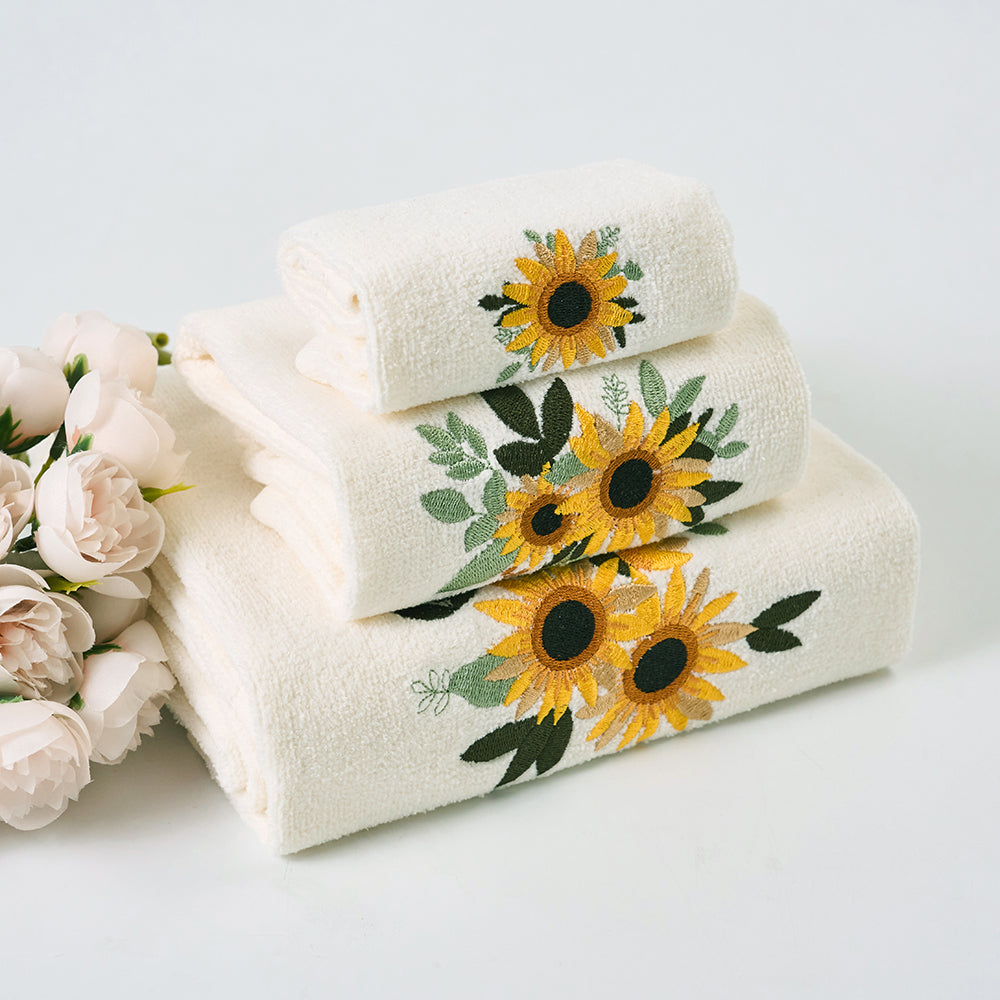 Premium Luxury Decor 100% Cotton Soft Bathroom Modern 3 Piece Embroidered Towel Set, Sunflower with Ivory Base