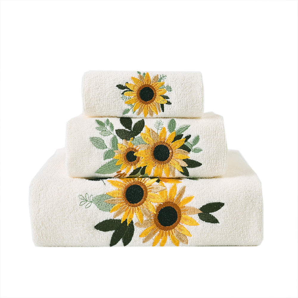 Premium Luxury Decor 100% Cotton Soft Bathroom Modern 3 Piece Embroidered Towel Set, Sunflower with Ivory Base