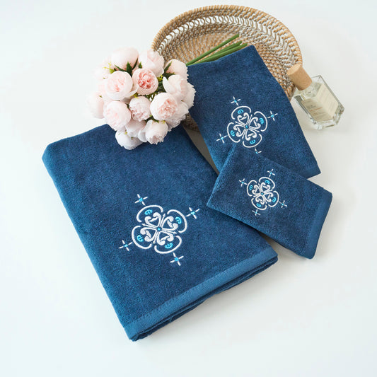 Premium Luxury Decor 100% Cotton Soft Bathroom Modern Embroidered 3 Piece Towel Set, Royal Blue Pattern