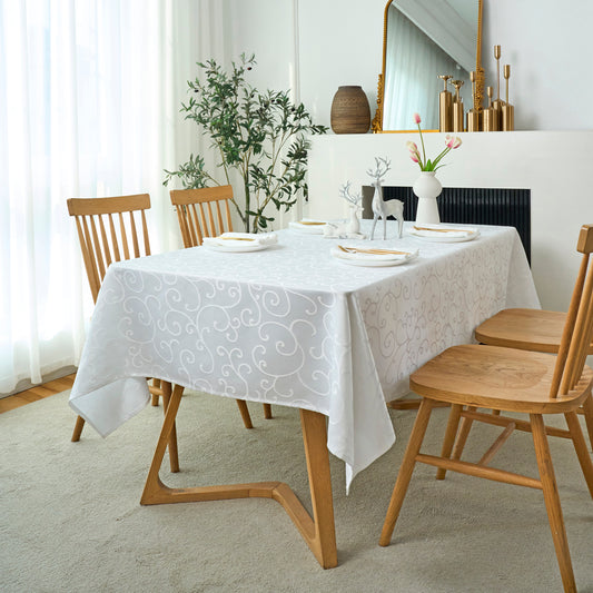 Jacquard Waterproof Thick Luxury Premium Solid Liquid Repellent Stain Resistant Decorative Home Kitchen Tablecloth, White Color