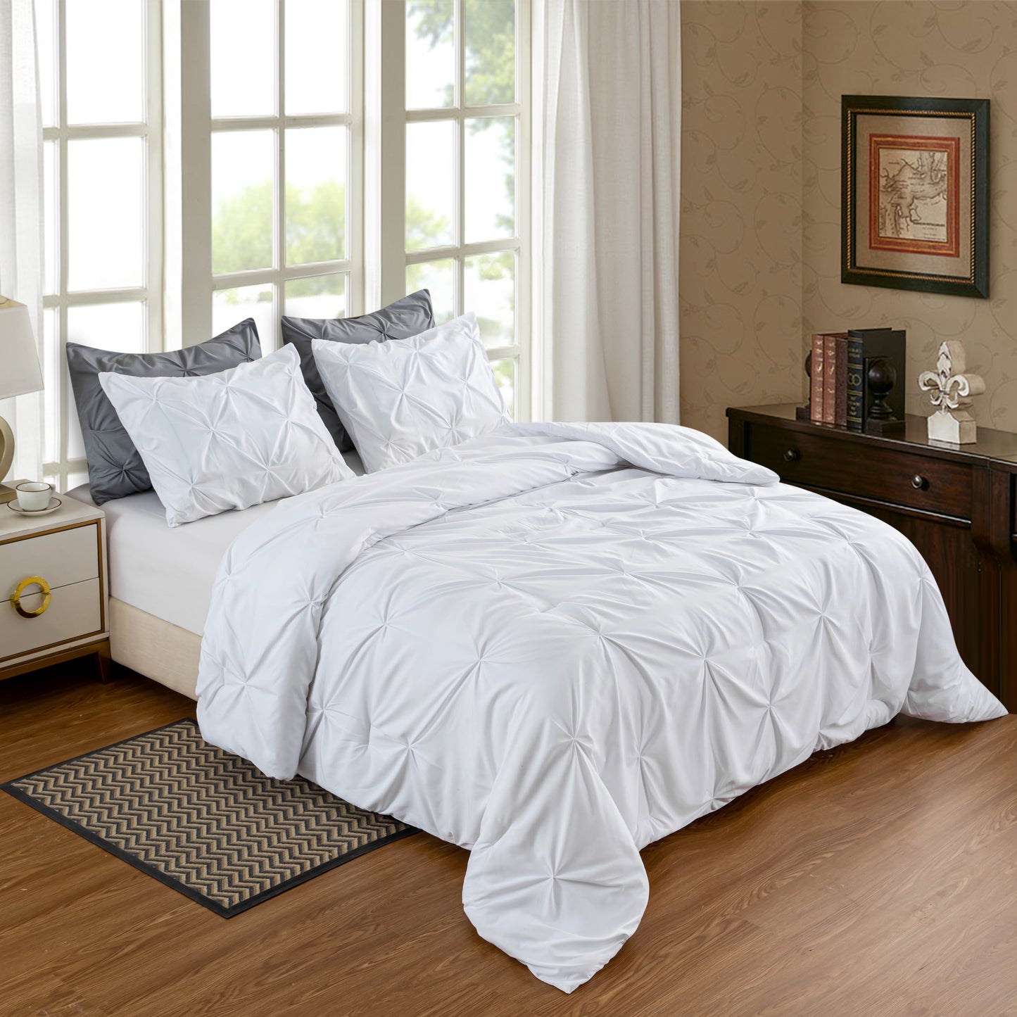 Pintuck Soft Luxury Fluffy Goose Down Alternative Solid Geometric Tufted Bedding Pinch Pleated Comforter Set, White