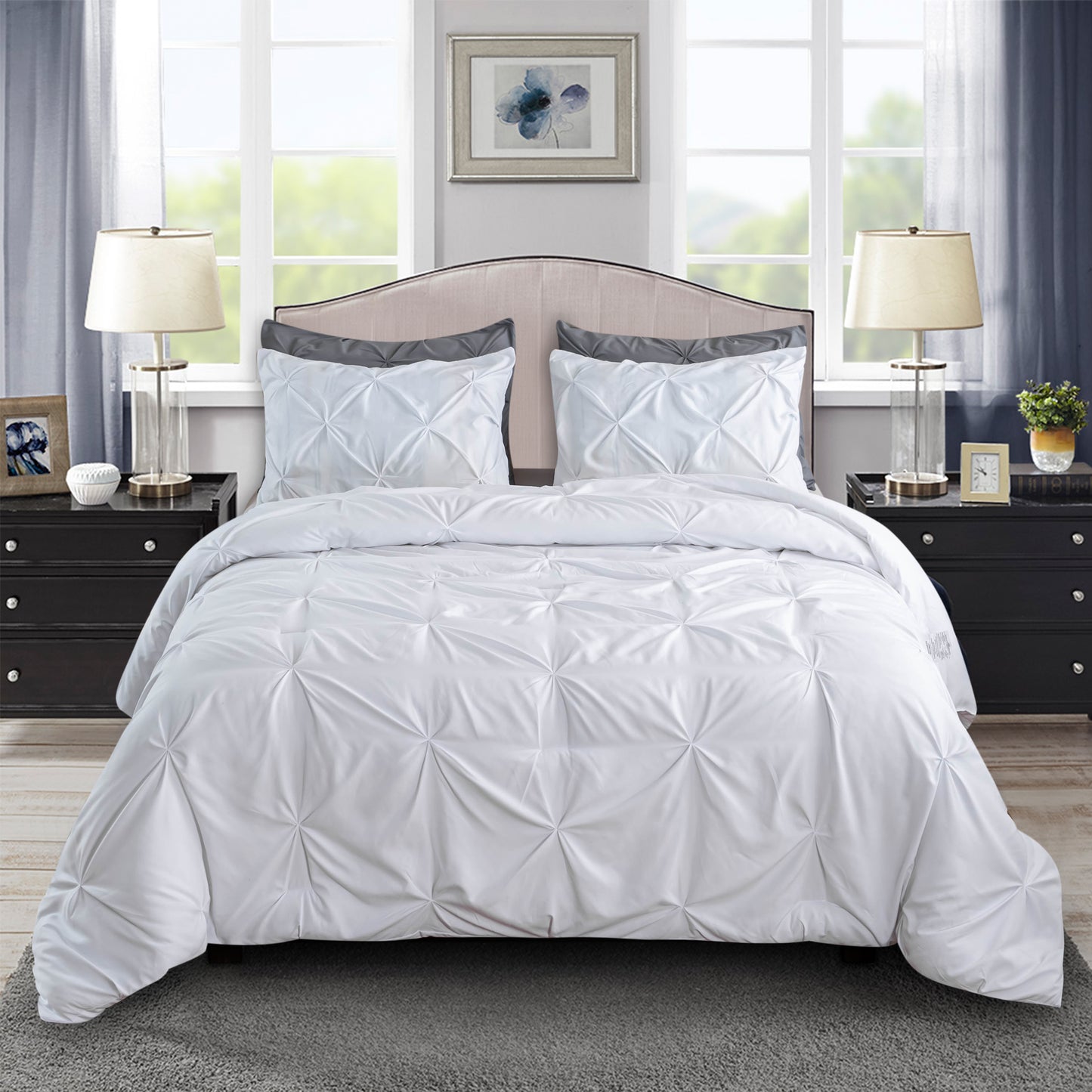 Pintuck Soft Luxury Fluffy Goose Down Alternative Solid Geometric Tufted Bedding Pinch Pleated Comforter Set, White