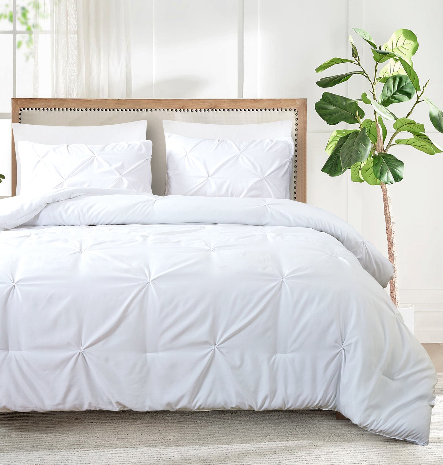 Pintuck Soft Luxury Fluffy Goose Down Alternative Solid Geometric Tufted Bedding Pinch Pleated Comforter Set, White Color
