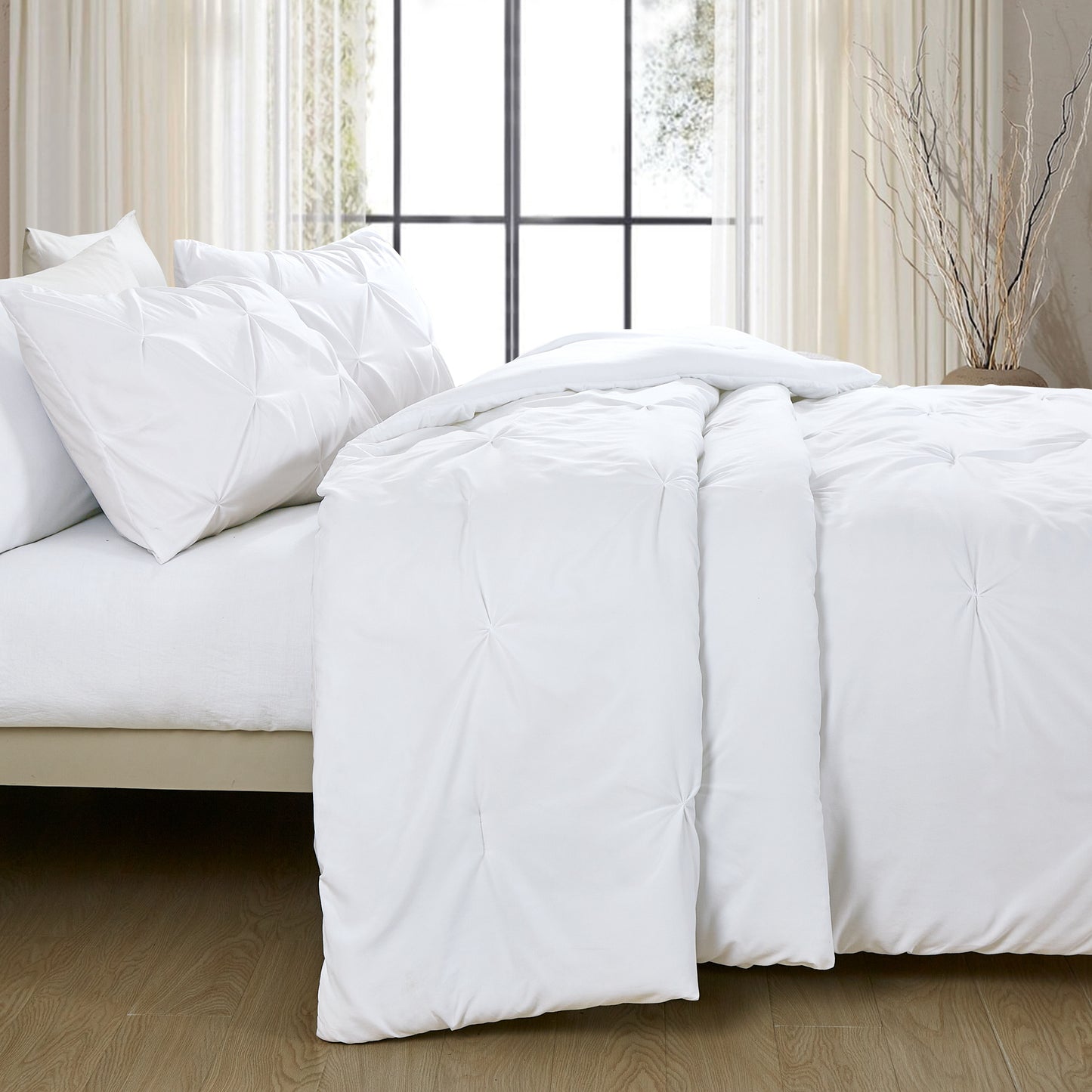 Pintuck Soft Luxury Fluffy Goose Down Alternative Solid Geometric Tufted Bedding Pinch Pleated Comforter Set, White Color