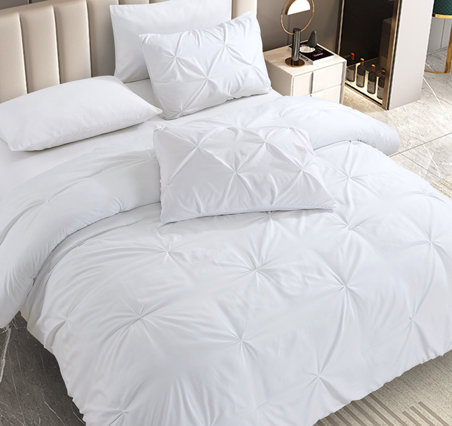 Pintuck Soft Luxury Fluffy Goose Down Alternative Solid Geometric Tufted Bedding Pinch Pleated Comforter Set, White Color
