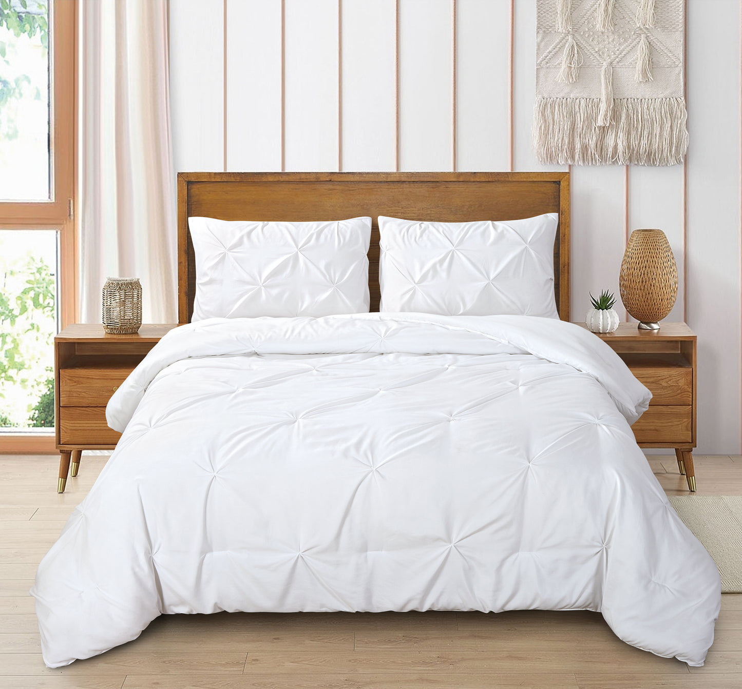 Pintuck Soft Luxury Fluffy Goose Down Alternative Solid Geometric Tufted Bedding Pinch Pleated Comforter Set, White Color