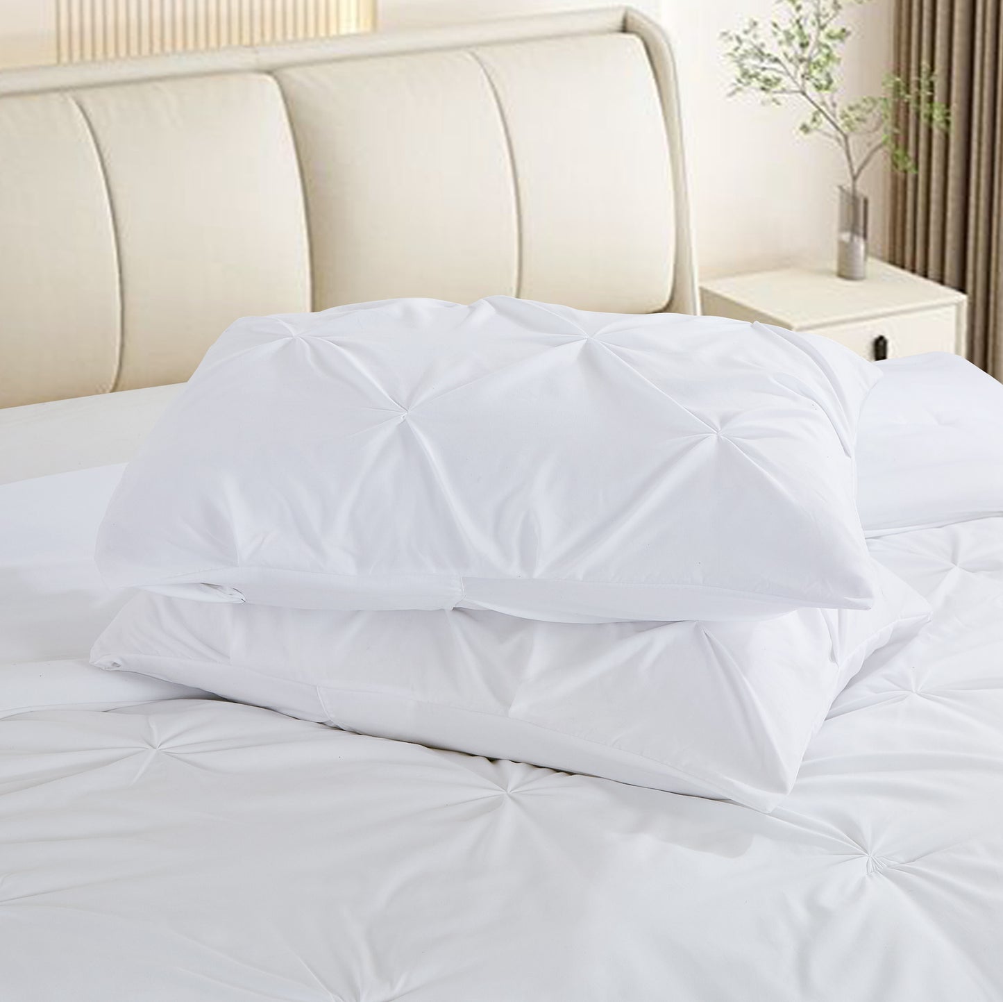 Pintuck Soft Luxury Fluffy Goose Down Alternative Solid Geometric Tufted Bedding Pinch Pleated Comforter Set, White Color
