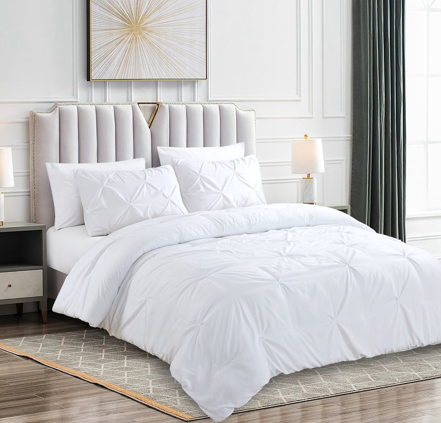 Pintuck Soft Luxury Fluffy Goose Down Alternative Solid Geometric Tufted Bedding Pinch Pleated Comforter Set, White Color