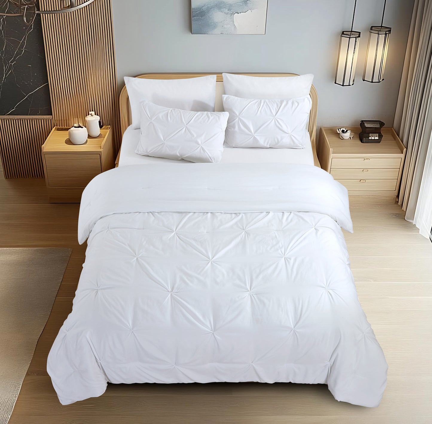 Pintuck Soft Luxury Fluffy Goose Down Alternative Solid Geometric Tufted Bedding Pinch Pleated Comforter Set, White Color
