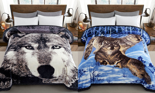 Printed Reversible Woven Fluffy Plush Soft Warm Korean Style 2 Ply Flannel Fleece Throw Animal Mink Blanket, 78" x 86" Wolf