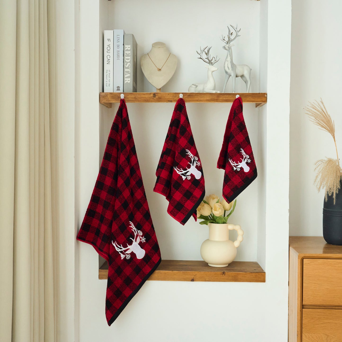 Christmas Premium Decor Soft 100% Cotton Embroidered Bathroom Modern 3 Piece Towel Set, Red Black Plaid Xmas Deer