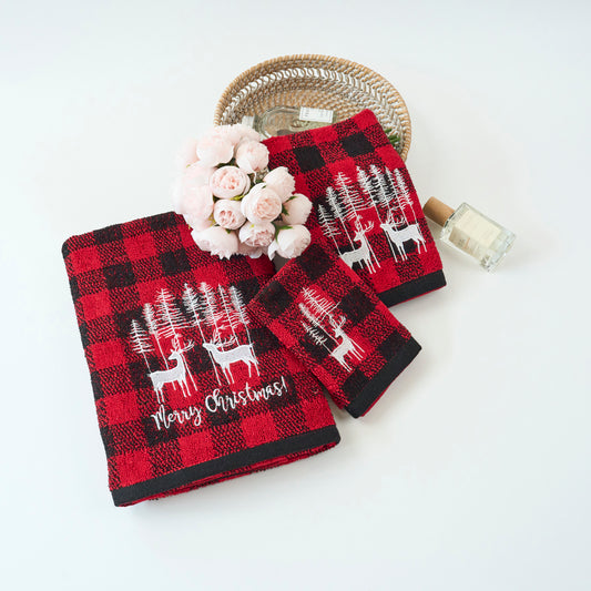 Christmas Premium Decor Soft 100% Cotton Embroidered Bathroom Modern 3 Piece Towel Set, Red Black Plaid Xmas Reindeer and Tree