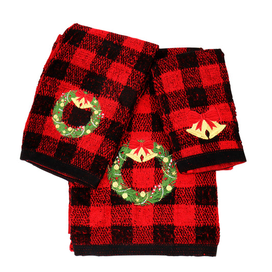 Christmas Premium Decor Soft 100% Cotton Embroidered Bathroom Modern 3 Piece Towel Set, Red Black Plaid Xmas Wreath