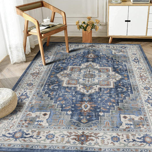 Decor Non-Slip Back Soft Area Carpet Floor Area Rug Indoor Accent Decorative Mat, Modern Vintage Navy Blue Medallion Floral Design, 5 x 7 Feet